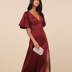 Lulus Elegant Confidence Red Satin Flutter Sleeve Cutout Maxi Dress - Size S